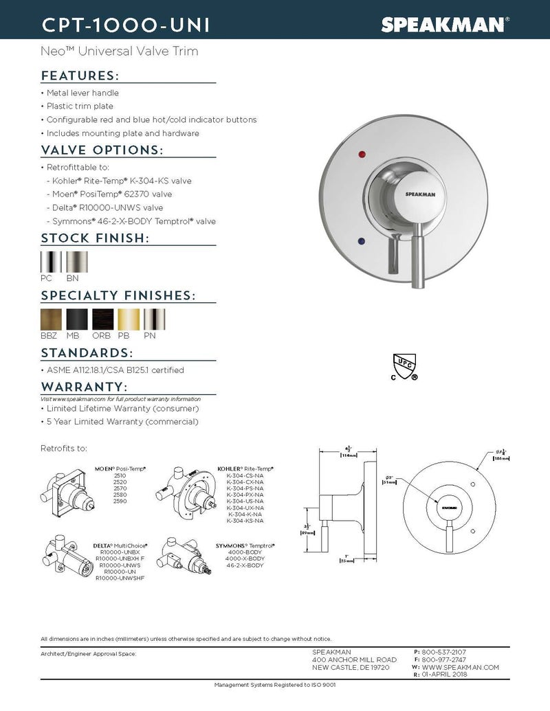 Speakman CPT-1000-UNI-BN Easy Handle Replacement Kit Retrofits Many Modern Nickel Neo Universal Shower Valve Trim, Brushed, 7.31 X 7.31 X 4.57 - Image 5